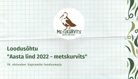 Ruudulisel taustal on pruuni värvi metskurvitsa logo, allpool rohelist värvi tekstid ja paremal servas roheline muster.