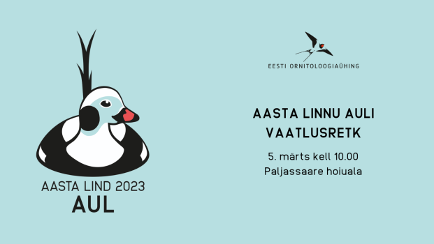 Sinisel tautsal on vasakul aasta lind 2023 logo, kus vees ujuv aul on otsevaates, selja tagant paistab kaks pikka sabasulge. Paremal pool on logo ja tekst.